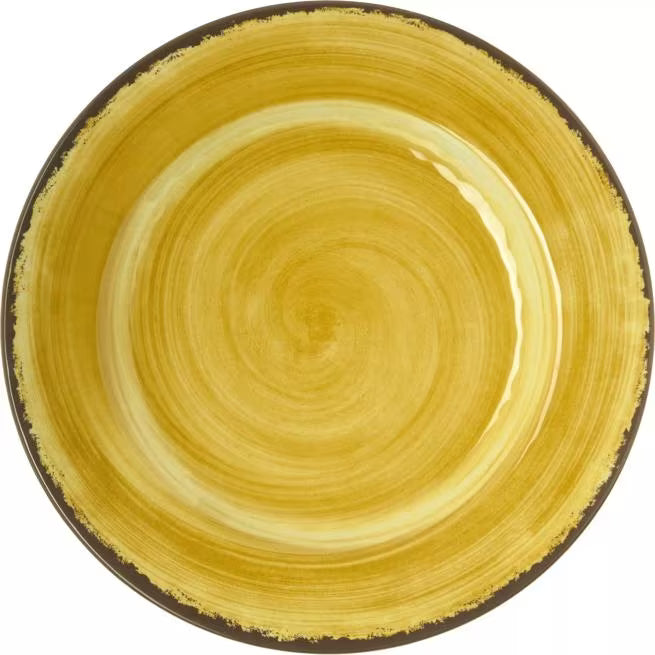 Serve meals in style with the 5400213 Amber Melamine Dinner Plate. This 9 Inch break resistant plate features a rustic pottery inspired design, making it ideal for restaurants, catering, buffets, outdoor dining, and home use.