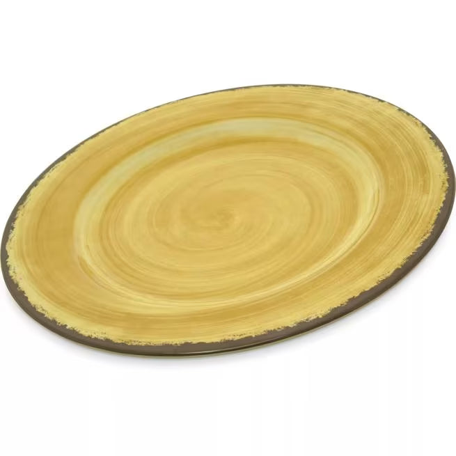 Serve meals with style using the 5400113 Amber Melamine Dinner Plate. This 11 Inch break resistant plate features a rustic pottery inspired design, making it ideal for restaurants, catering, buffets, and home dining.