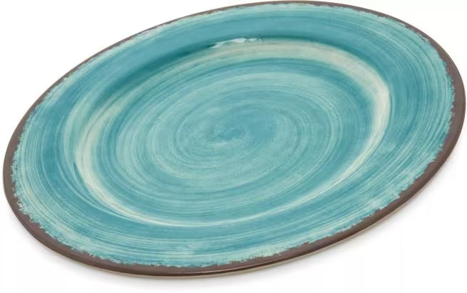 Serve meals in style with the 5400215 Aqua Melamine Dinner Plate. This 9 Inch break resistant plate features a rustic pottery inspired design, making it ideal for restaurants, catering, buffets, outdoor dining, and home use.