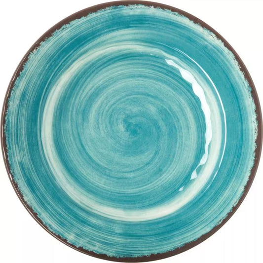 Serve meals with style using the 5400115 Aqua Melamine Dinner Plate. This 11 Inch break resistant plate features a rustic pottery inspired design, making it ideal for restaurants, catering, buffets, and home dining.