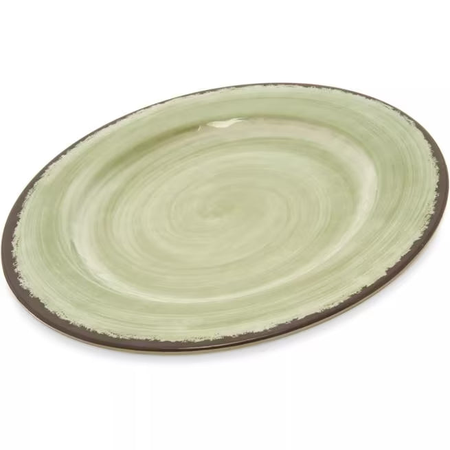 Serve meals with style using the 5400146 Jade Melamine Dinner Plate. This 11 Inch break resistant plate features a rustic pottery inspired design, making it ideal for restaurants, catering, buffets, and home dining.
