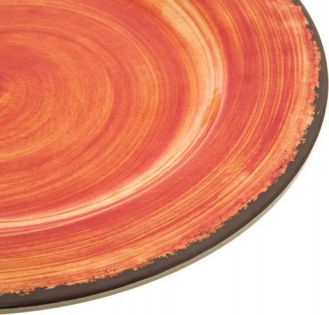 Serve meals in style with the 5400252 Fireball Melamine Dinner Plate. This 9 Inch break resistant plate features a rustic pottery inspired design, making it ideal for restaurants, catering, buffets, outdoor dining, and home use.
