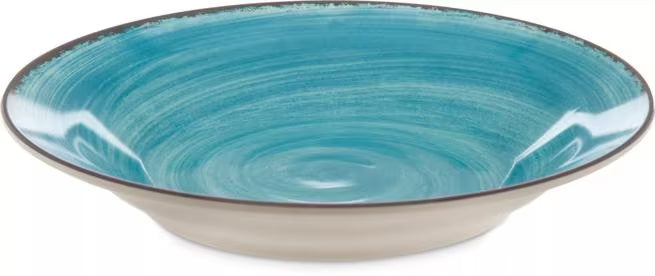 Serve soups, pasta, and salads with style using the 5400315 Aqua Melamine Rimmed Soup Bowl. This 28.5 oz break resistant bowl features a rustic pottery inspired design, making it ideal for restaurants, catering, buffets, and home dining.