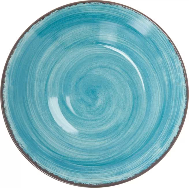 Serve soups, pasta, and salads with style using the 5400315 Aqua Melamine Rimmed Soup Bowl. This 28.5 oz break resistant bowl features a rustic pottery inspired design, making it ideal for restaurants, catering, buffets, and home dining.