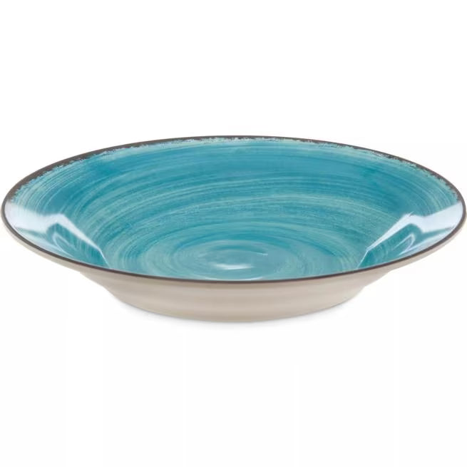 Serve soups, pasta, and salads with style using the 5400315 Aqua Melamine Rimmed Soup Bowl. This 28.5 oz break resistant bowl features a rustic pottery inspired design, making it ideal for restaurants, catering, buffets, and home dining.