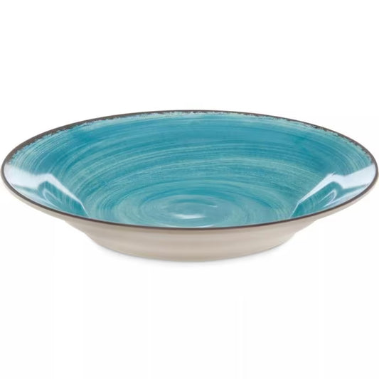 Serve soups, pasta, and salads with style using the 5400315 Aqua Melamine Rimmed Soup Bowl. This 28.5 oz break resistant bowl features a rustic pottery inspired design, making it ideal for restaurants, catering, buffets, and home dining.