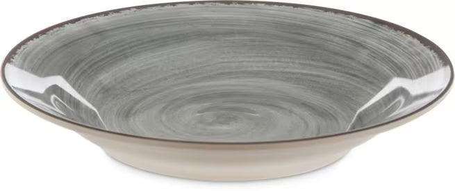 Serve soups, pasta, and salads with style using the 5400318 Smoke Melamine Rimmed Soup Bowl. This 28.5 oz break resistant bowl features a rustic pottery inspired design, making it ideal for restaurants, catering, buffets, and home dining.
