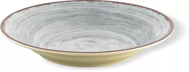 Serve soups, pasta, and salads with style using the 5400318 Smoke Melamine Rimmed Soup Bowl. This 28.5 oz break resistant bowl features a rustic pottery inspired design, making it ideal for restaurants, catering, buffets, and home dining.