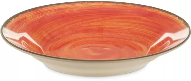 Serve soups, pasta, and salads with style using the 5400352 Fireball Melamine Rimmed Soup Bowl. This 28.5 oz break resistant bowl features a rustic pottery inspired design, making it ideal for restaurants, catering, buffets, and home dining.