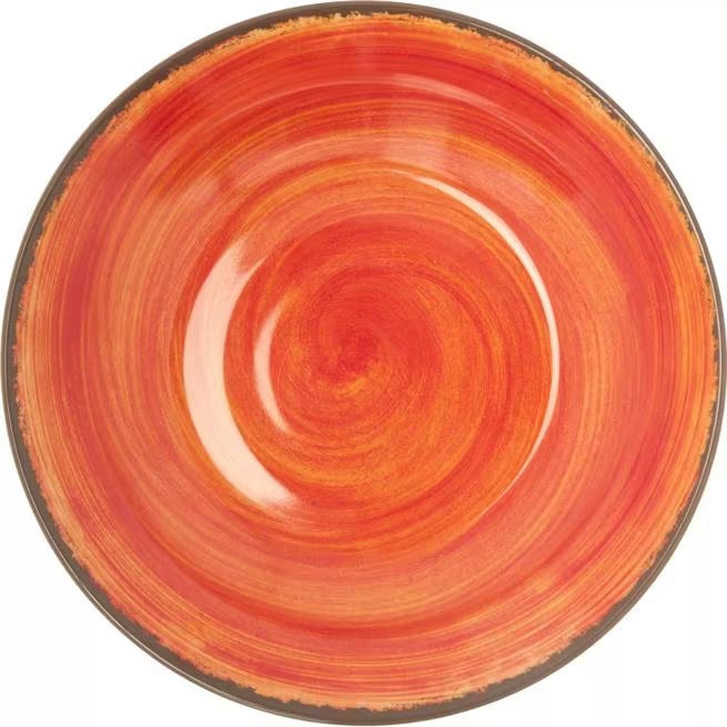 Serve soups, pasta, and salads with style using the 5400352 Fireball Melamine Rimmed Soup Bowl. This 28.5 oz break resistant bowl features a rustic pottery inspired design, making it ideal for restaurants, catering, buffets, and home dining.