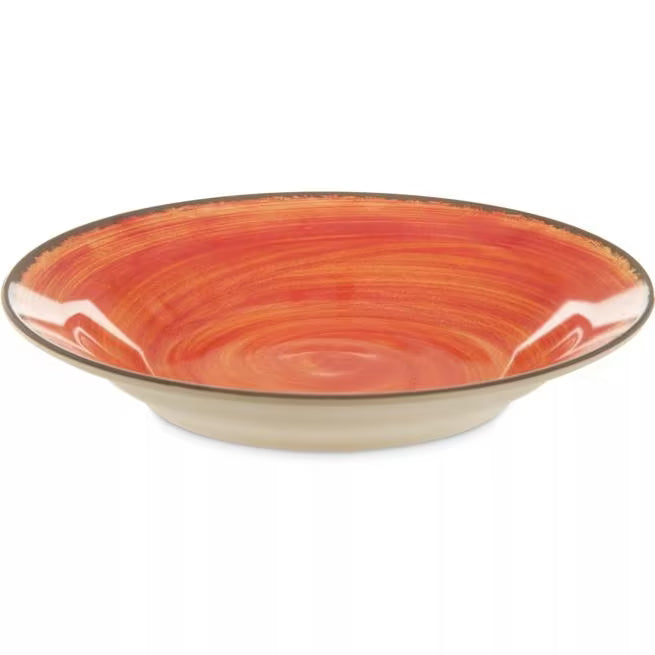 Serve soups, pasta, and salads with style using the 5400352 Fireball Melamine Rimmed Soup Bowl. This 28.5 oz break resistant bowl features a rustic pottery inspired design, making it ideal for restaurants, catering, buffets, and home dining.