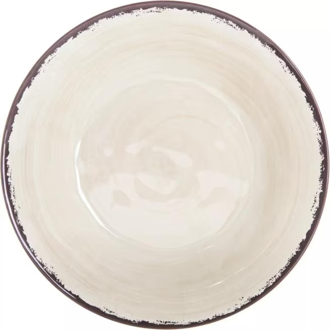 Serve soups, pasta, and salads with style using the 5400353 Sweet Cream Melamine Rimmed Soup Bowl. This 28.5 oz break resistant bowl features a rustic pottery inspired design, making it ideal for restaurants, catering, buffets, and home dining.