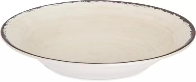 Serve soups, pasta, and salads with style using the 5400353 Sweet Cream Melamine Rimmed Soup Bowl. This 28.5 oz break resistant bowl features a rustic pottery inspired design, making it ideal for restaurants, catering, buffets, and home dining.
