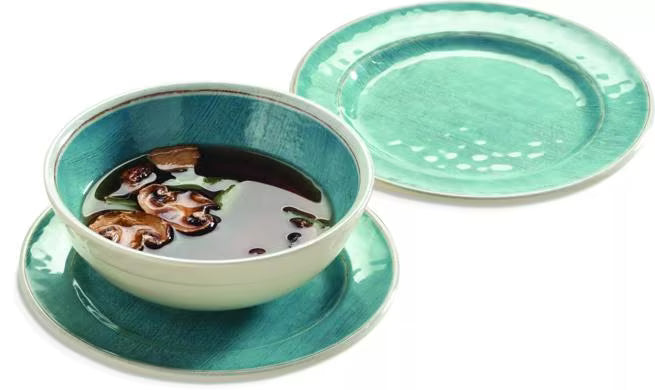 Serve soups, salads, and desserts with style using the 5400515 Aqua Melamine Small Bowl. This 17 oz break resistant bowl features a rustic pottery inspired design, making it ideal for restaurants, catering, buffets, and home dining.