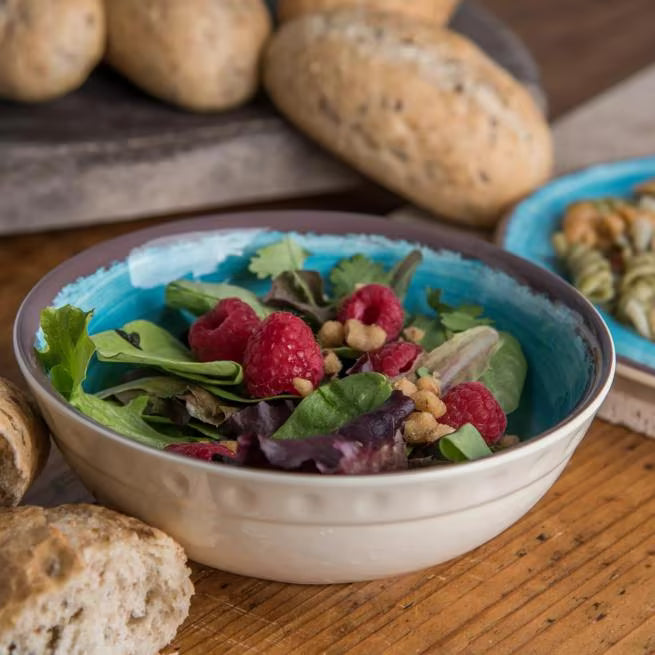 Serve soups, salads, and desserts with style using the 5400515 Aqua Melamine Small Bowl. This 17 oz break resistant bowl features a rustic pottery inspired design, making it ideal for restaurants, catering, buffets, and home dining.