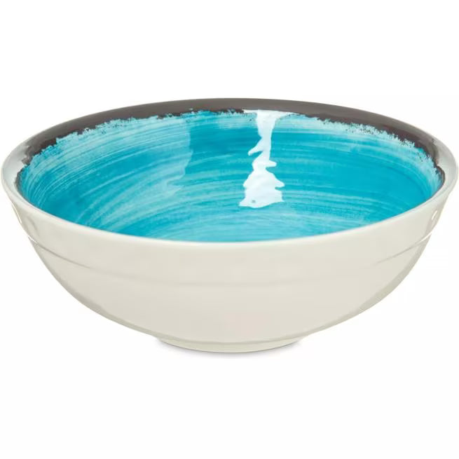 Serve soups, salads, and desserts with style using the 5400515 Aqua Melamine Small Bowl. This 17 oz break resistant bowl features a rustic pottery inspired design, making it ideal for restaurants, catering, buffets, and home dining.