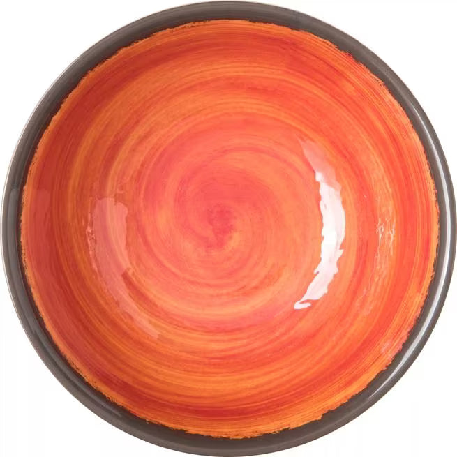Serve soups, salads, and desserts with style using the 5400552 Fireball Melamine Small Bowl. This 17 oz break resistant bowl features a rustic pottery inspired design, making it ideal for restaurants, catering, buffets, and home dining.