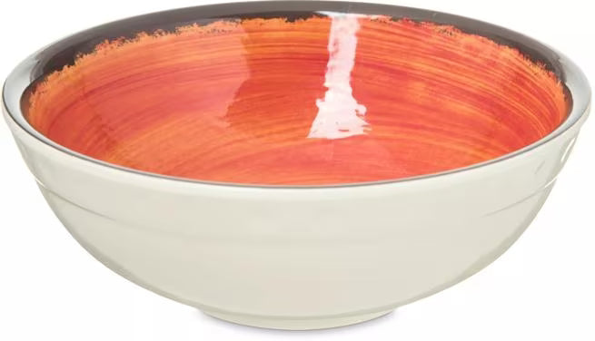 Serve soups, salads, and desserts with style using the 5400552 Fireball Melamine Small Bowl. This 17 oz break resistant bowl features a rustic pottery inspired design, making it ideal for restaurants, catering, buffets, and home dining.