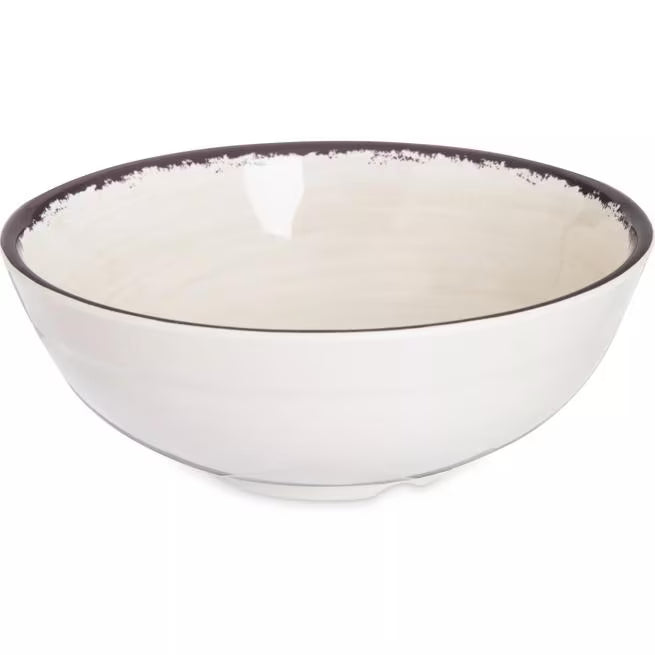 Serve soups, salads, and desserts with style using the 5400553 Sweet Cream Melamine Small Bowl. This 17 oz break resistant bowl features a rustic pottery inspired design, making it ideal for restaurants, catering, buffets, and home dining.