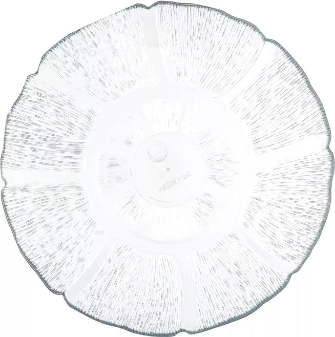 7.5 Inch Clear Polycarbonate Petal Mist Plate with break resistant construction. Ideal for appetizers, desserts, buffets, catering, restaurants, and home entertaining.