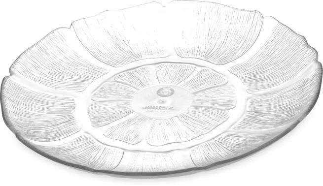 9 Inch Clear Polycarbonate Petal Mist Plate with break resistant construction. Ideal for salads, entrees, buffets, catering, restaurants, and home entertaining.