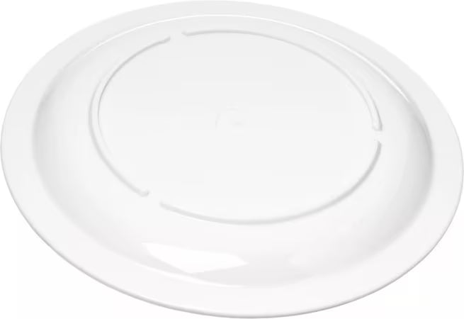6.5 Inch White Polycarbonate Narrow Rim Plate with break resistant construction and scratch resistant surface. Ideal for restaurants, cafeterias, catering, and commercial foodservice.