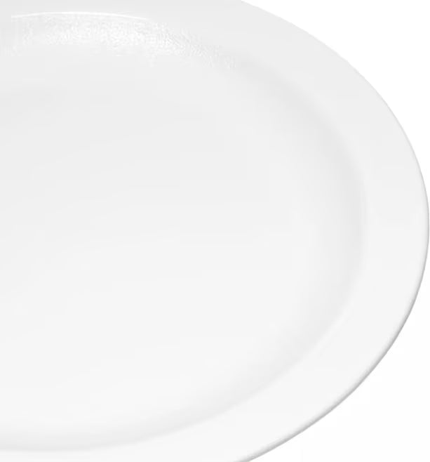 6.5 Inch White Polycarbonate Narrow Rim Plate with break resistant construction and scratch resistant surface. Ideal for restaurants, cafeterias, catering, and commercial foodservice.