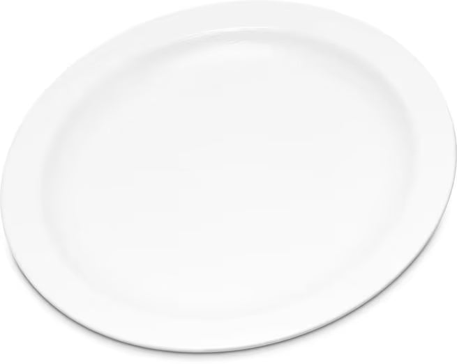 6.5 Inch White Polycarbonate Narrow Rim Plate with break resistant construction and scratch resistant surface. Ideal for restaurants, cafeterias, catering, and commercial foodservice.