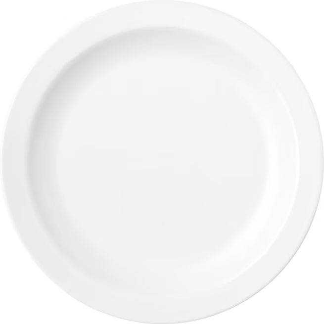 6.5 Inch White Polycarbonate Narrow Rim Plate with break resistant construction and scratch resistant surface. Ideal for restaurants, cafeterias, catering, and commercial foodservice.