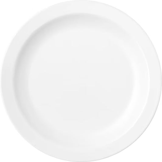 6.5 Inch White Polycarbonate Narrow Rim Plate with break resistant construction and scratch resistant surface. Ideal for restaurants, cafeterias, catering, and commercial foodservice.