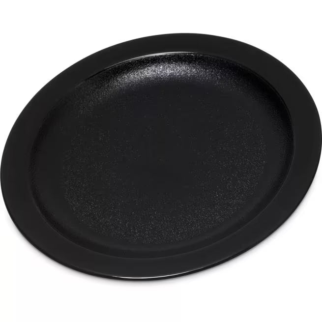 6.5 Inch Black Polycarbonate Narrow Rim Plate with break resistant construction and scratch resistant surface. Ideal for restaurants, cafeterias, catering, and commercial foodservice.