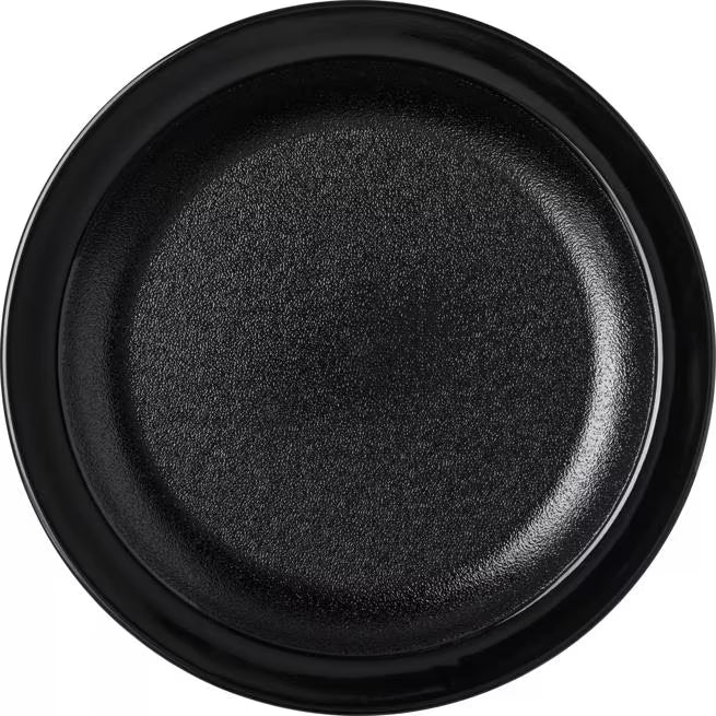 6.5 Inch Black Polycarbonate Narrow Rim Plate with break resistant construction and scratch resistant surface. Ideal for restaurants, cafeterias, catering, and commercial foodservice.