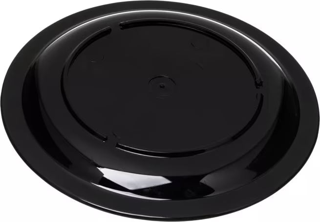 6.5 Inch Black Polycarbonate Narrow Rim Plate with break resistant construction and scratch resistant surface. Ideal for restaurants, cafeterias, catering, and commercial foodservice.