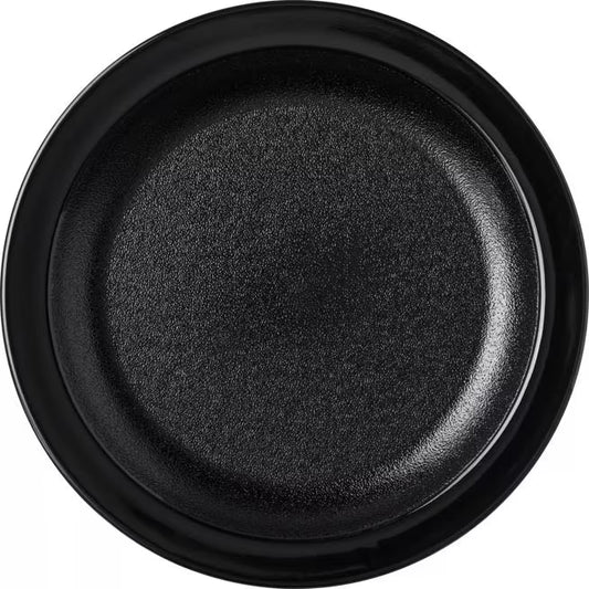6.5 Inch Black Polycarbonate Narrow Rim Plate with break resistant construction and scratch resistant surface. Ideal for restaurants, cafeterias, catering, and commercial foodservice.