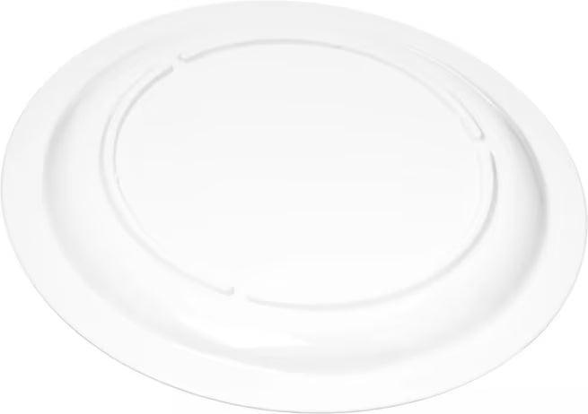 9 Inch White Polycarbonate Narrow Rim Plate with scratch resistant surface and break resistant construction. Ideal for restaurants, cafeterias, catering, buffets, and commercial foodservice.