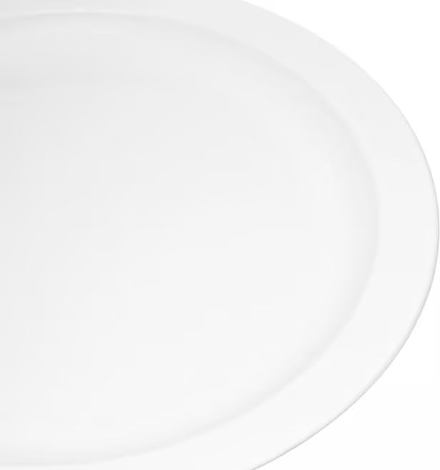 9 Inch White Polycarbonate Narrow Rim Plate with scratch resistant surface and break resistant construction. Ideal for restaurants, cafeterias, catering, buffets, and commercial foodservice.