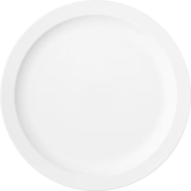 9 Inch White Polycarbonate Narrow Rim Plate with scratch resistant surface and break resistant construction. Ideal for restaurants, cafeterias, catering, buffets, and commercial foodservice.