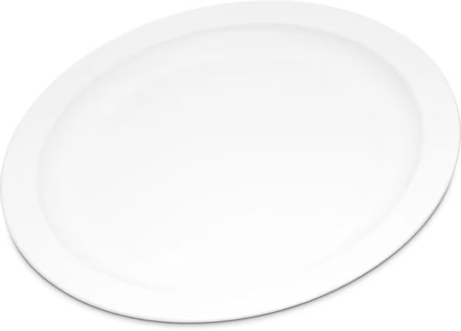 9 Inch White Polycarbonate Narrow Rim Plate with scratch resistant surface and break resistant construction. Ideal for restaurants, cafeterias, catering, buffets, and commercial foodservice.