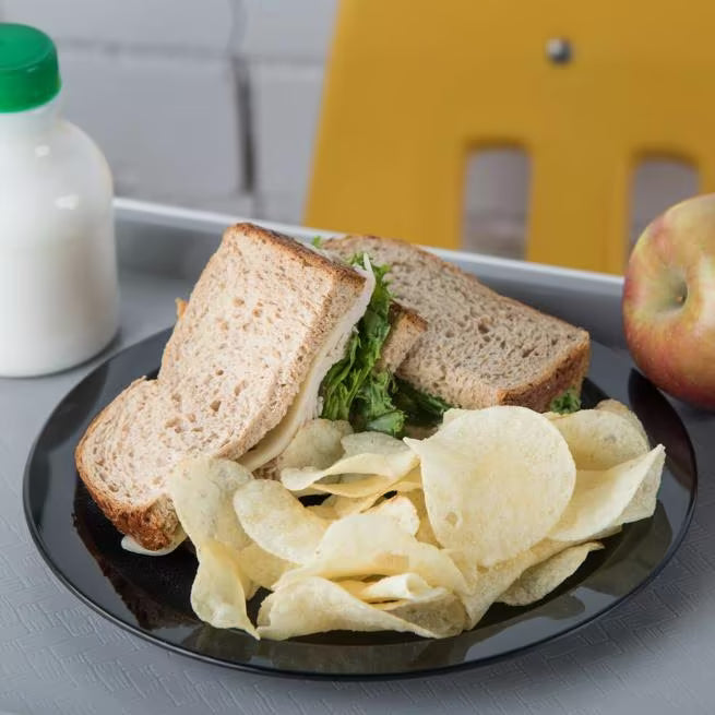9 Inch Black Polycarbonate Narrow Rim Plate with scratch resistant surface and break resistant construction. Ideal for restaurants, cafeterias, catering, buffets, and commercial foodservice.
