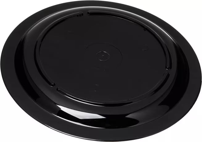 9 Inch Black Polycarbonate Narrow Rim Plate with scratch resistant surface and break resistant construction. Ideal for restaurants, cafeterias, catering, buffets, and commercial foodservice.