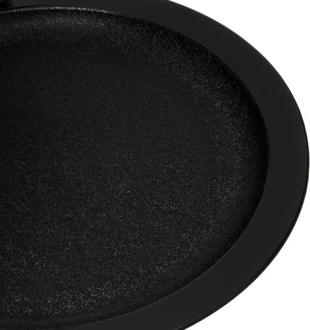 9 Inch Black Polycarbonate Narrow Rim Plate with scratch resistant surface and break resistant construction. Ideal for restaurants, cafeterias, catering, buffets, and commercial foodservice.