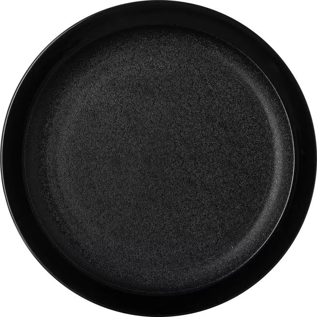 9 Inch Black Polycarbonate Narrow Rim Plate with scratch resistant surface and break resistant construction. Ideal for restaurants, cafeterias, catering, buffets, and commercial foodservice.