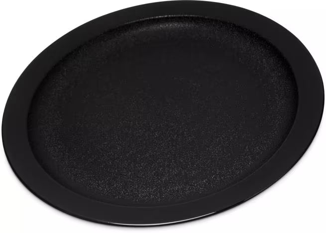 9 Inch Black Polycarbonate Narrow Rim Plate with scratch resistant surface and break resistant construction. Ideal for restaurants, cafeterias, catering, buffets, and commercial foodservice.