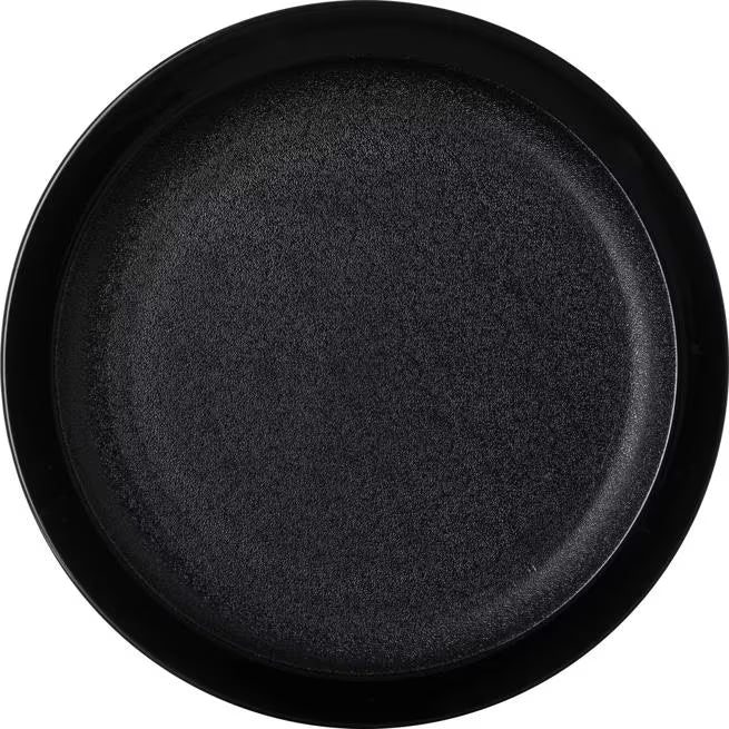 9 Inch Black Polycarbonate Narrow Rim Plate with scratch resistant surface and break resistant construction. Ideal for restaurants, cafeterias, catering, buffets, and commercial foodservice.