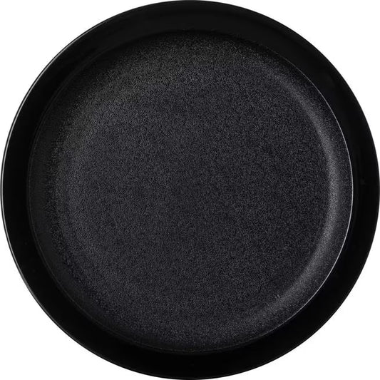 9 Inch Black Polycarbonate Narrow Rim Plate with scratch resistant surface and break resistant construction. Ideal for restaurants, cafeterias, catering, buffets, and commercial foodservice.