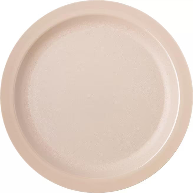10 Inch Tan Polycarbonate Narrow Rim Plate with scratch resistant surface and break resistant construction. Ideal for restaurants, cafeterias, catering, buffets, and commercial foodservice.