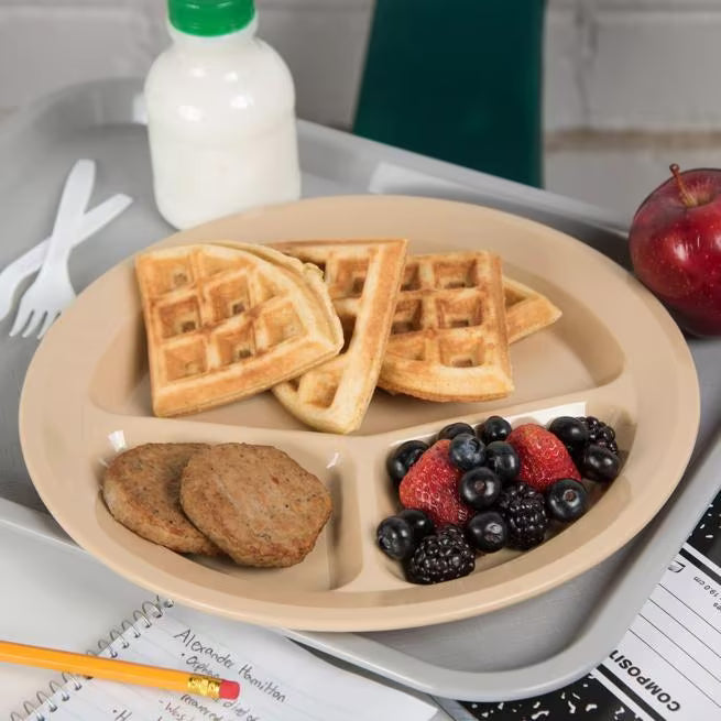11 Inch Tan Polycarbonate Narrow Rim 3 Compartment Plate with scratch resistant surface and break resistant construction. Ideal for cafeterias, restaurants, healthcare facilities, and commercial foodservice.
