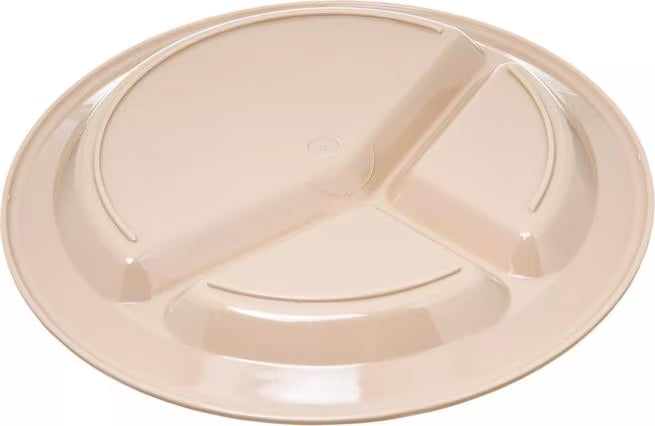 11 Inch Tan Polycarbonate Narrow Rim 3 Compartment Plate with scratch resistant surface and break resistant construction. Ideal for cafeterias, restaurants, healthcare facilities, and commercial foodservice.