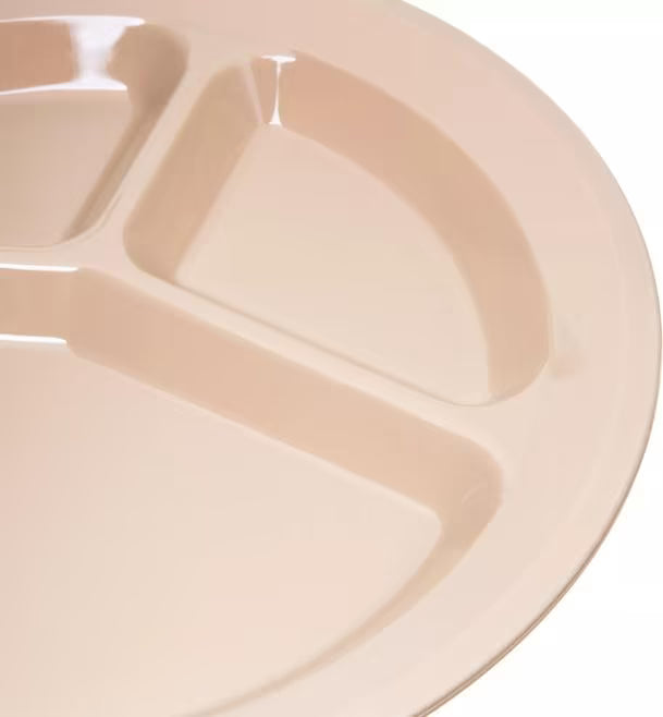 11 Inch Tan Polycarbonate Narrow Rim 3 Compartment Plate with scratch resistant surface and break resistant construction. Ideal for cafeterias, restaurants, healthcare facilities, and commercial foodservice.