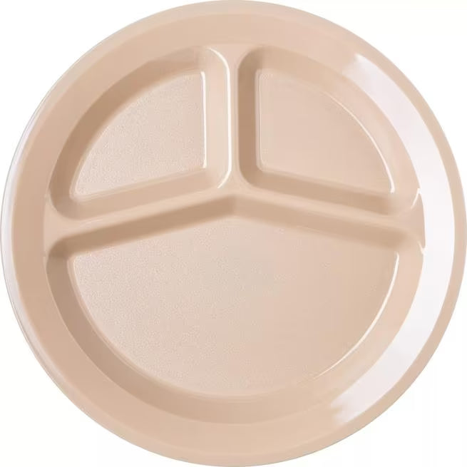 11 Inch Tan Polycarbonate Narrow Rim 3 Compartment Plate with scratch resistant surface and break resistant construction. Ideal for cafeterias, restaurants, healthcare facilities, and commercial foodservice.